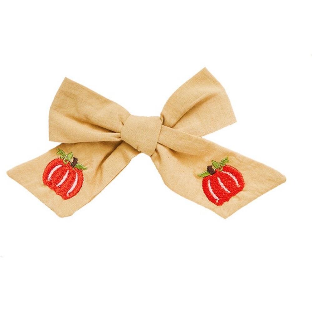 Pink Chicken Pumpkin Embroidery Bow Lark/Tan New